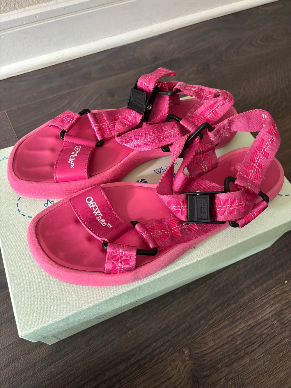 Off-White Bright Pink Webbing Strap Sandals